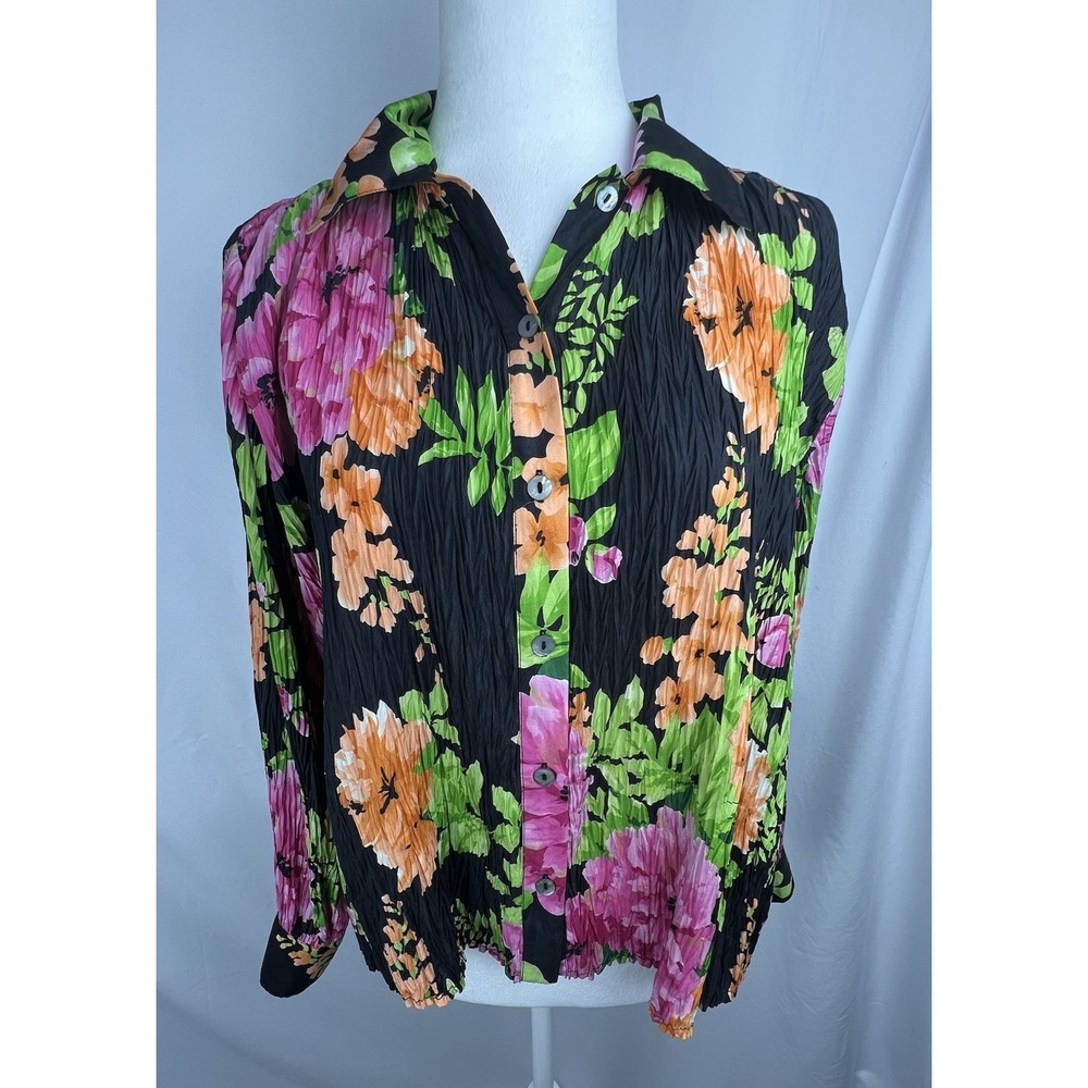 Allison Taylor Womens S 100% Silk Floral Crinkle Button Front Long Sleeve Blouse